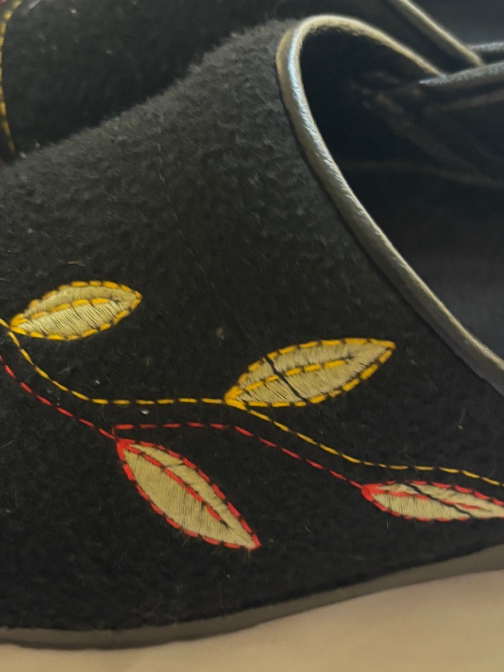 Dansko Black Wool Clogs with Yellow and Red Leaf Stitching - Picture 7 of 8
